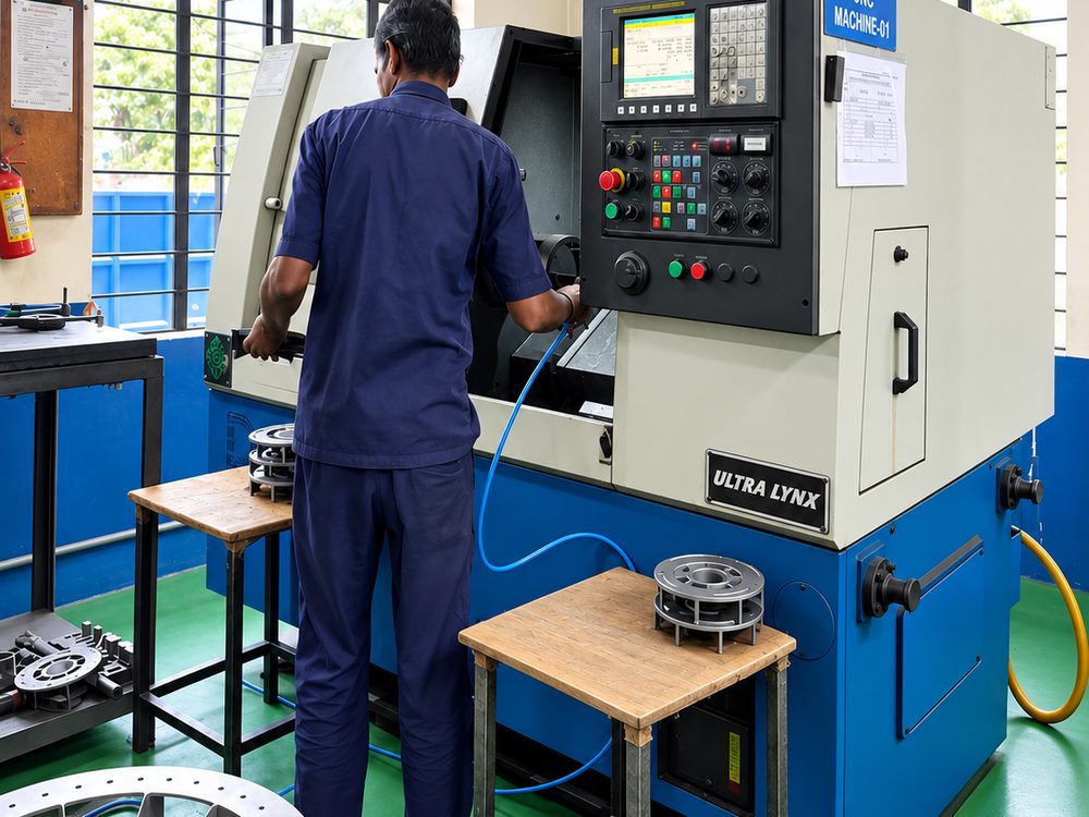 CNC turning cell at Alcast Technologies, aluminium die casting plant in Satara