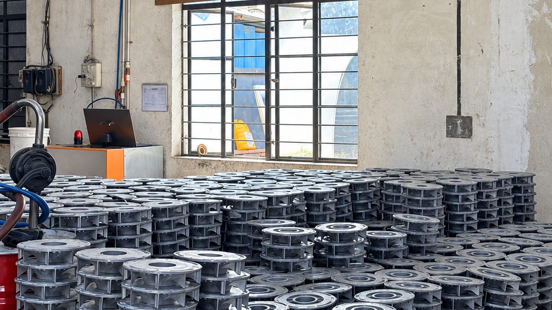 Thousands of identical aluminium castings stacked after production at Alcast Technologies