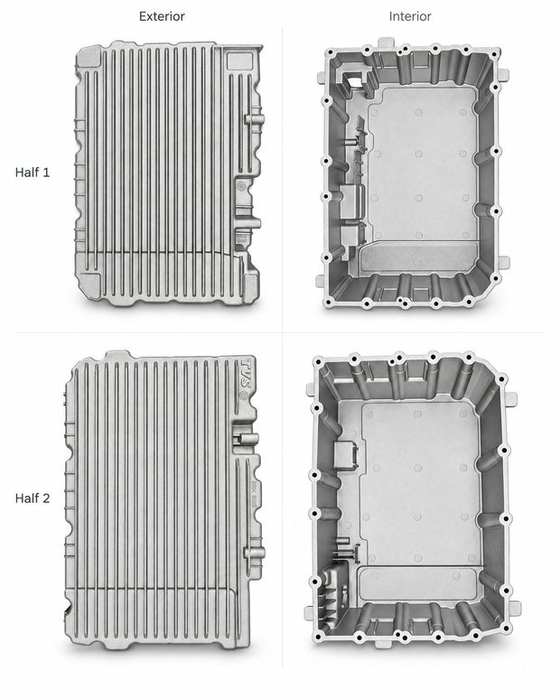 Battery enclosure halves - exterior and interior - aluminium hpdc die cast component