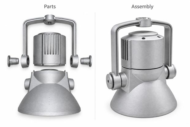 Floodlight housing set and assembly - aluminium hpdc die cast component