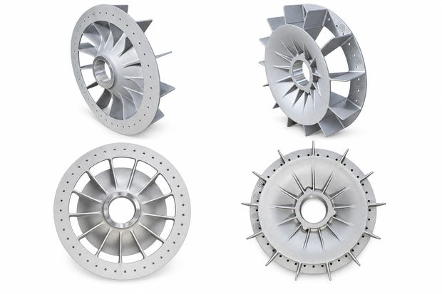 Fan impellers - four views - aluminium hpdc die cast component